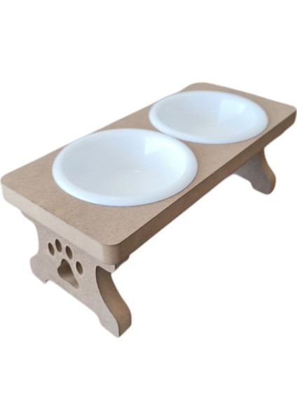 Ahşap Demonte Kedi Mama ve Su Kabı, Beyaz, 2'li Set