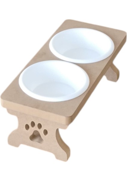Ahşap Demonte Kedi Mama ve Su Kabı, Beyaz, 2'li Set