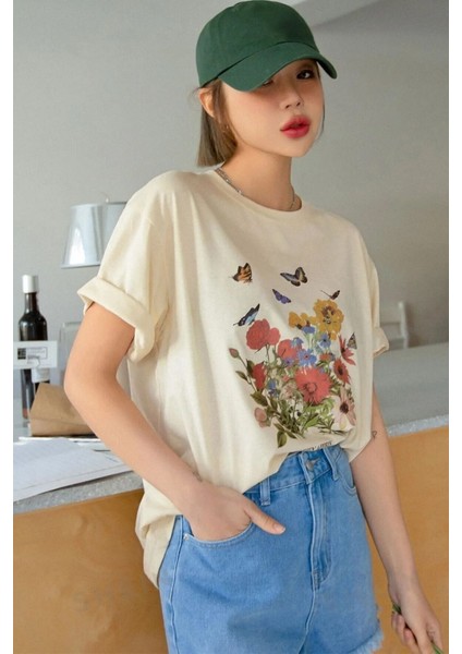 Unisex Pamuklu Butterfly Flowers Ön Baskılı Tasarım Tshirt