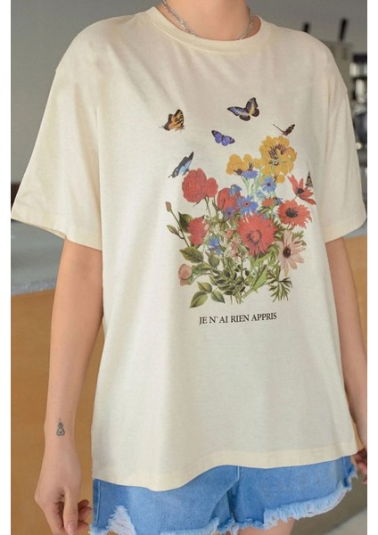 Unisex Pamuklu Butterfly Flowers Ön Baskılı Tasarım Tshirt fiyatları