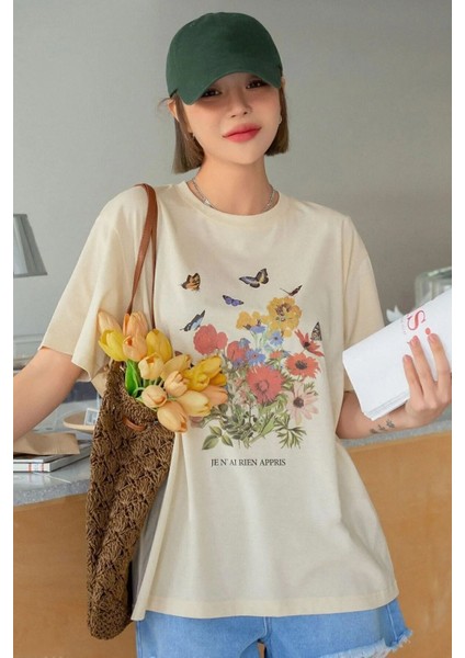 Unisex Pamuklu Butterfly Flowers Ön Baskılı Tasarım Tshirt modelleri