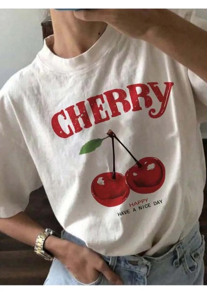 Unisex Happy Cherry Baskılı Tasarım Tshirt
