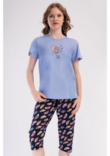 Pamuklu Kadın Büyük Beden Kısa Kol Kaprili Pijama Takım , 409122