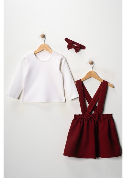 Kız Çocuk Bebek Bordo Krep Elbise Bandana Uzun Kol Badi Takım