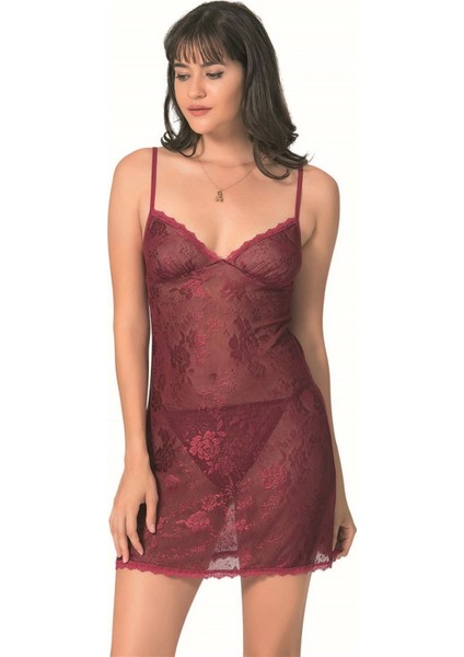Litae Bordo Kısa Jakarlı Gecelik