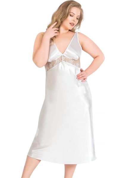 Litae Büyük Beden Ekru Uzun Ikili Saten Sabahlık Gecelik Takımı