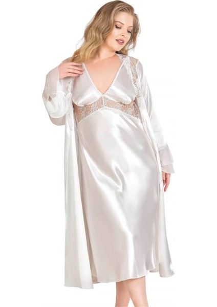 Litae Büyük Beden Ekru Uzun Ikili Saten Sabahlık Gecelik Takımı modelleri