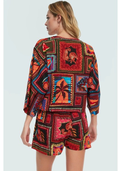 Rahat Pamuklu V Yaka Plaj Takımı Tropikal Desenli Şort ve Gömlek Trend Tasarım Şık fiyatları