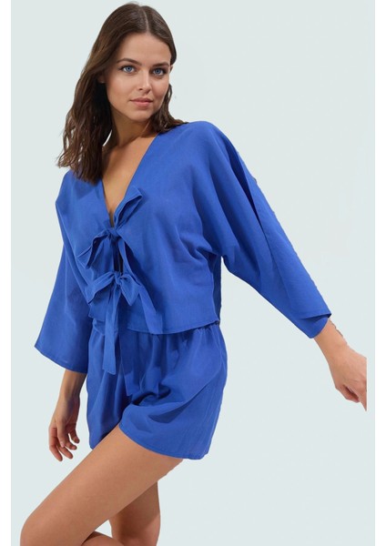 Rahat Pamuklu V Yaka Plaj Takımı Tropikal Desenli Şort ve Gömlek Trend Tasarım Şık fiyatları