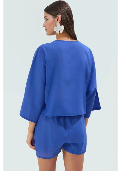 Rahat Pamuklu V Yaka Plaj Takımı Tropikal Desenli Şort ve Gömlek Trend Tasarım Şık modelleri