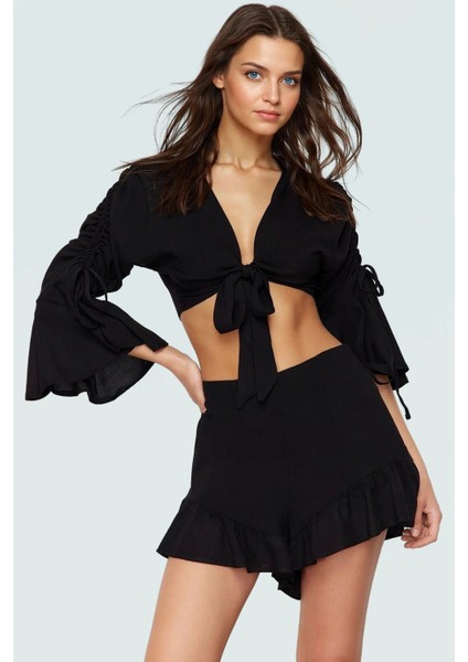 Büzgülü Fırfırlı Bluz Şort Takım Viskoz Kumaş Yazlık Plaj Modası Özenle Seçilmiş