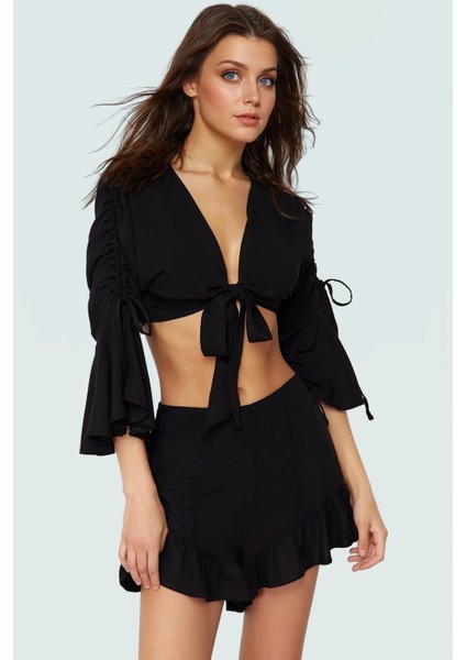 Büzgülü Fırfırlı Bluz Şort Takım Viskoz Kumaş Yazlık Plaj Modası Özenle Seçilmiş fiyatları