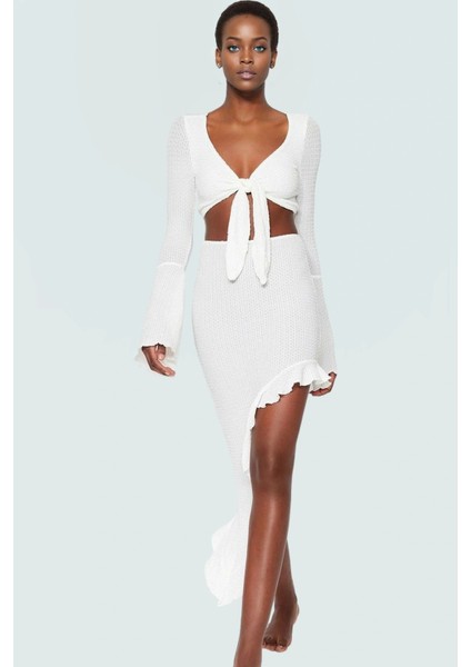 Şık Plaj Takımı Gofre Dokuma Fitted Kalıp Ispanyol Kol Modern Stil