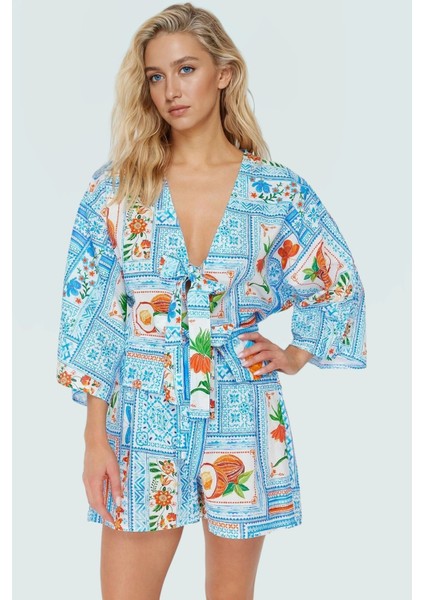 Rahat Pamuklu V Yaka Plaj Takımı Tropikal Desenli Şort ve Gömlek Trend Tasarım Şık fiyatları