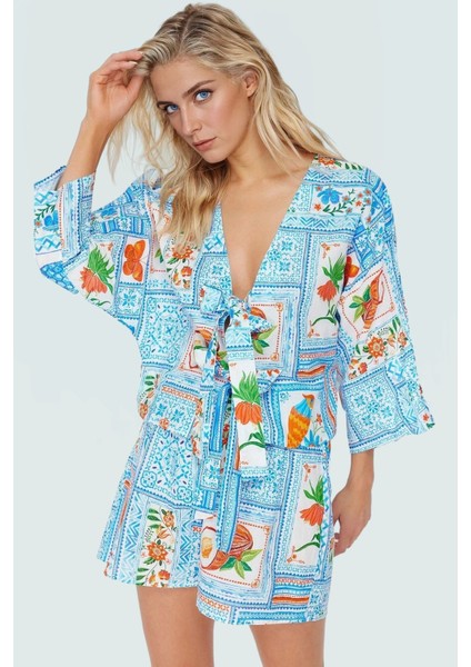 Rahat Pamuklu V Yaka Plaj Takımı Tropikal Desenli Şort ve Gömlek Trend Tasarım Şık modelleri