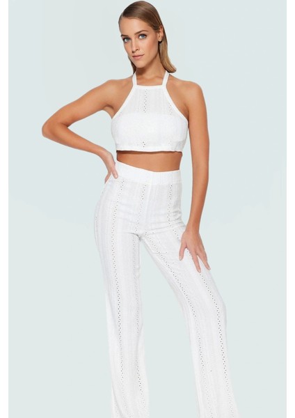 Şık Dantel Plaj Takımı Halter Yaka Bluz ve Geniş Paça Pantolon Özel Tasarım Özenle Seçilmiş