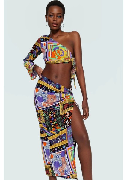 Rahat Etnik Desenli Viskoz Plaj Takımı; Tek Omuzlu Bluz ve Boru Paça Etek Şık Görünüm Özel Tasarım