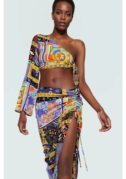 Rahat Etnik Desenli Viskoz Plaj Takımı; Tek Omuzlu Bluz ve Boru Paça Etek Şık Görünüm Özel Tasarım fiyatları