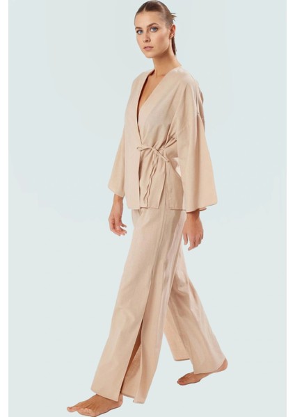 Rahat Pamuklu Plaj Takımı Gömlek ve Pantolon Keten Karışımlı Dokuma Yüksek Kalite