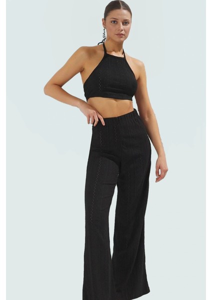 Şık Dantel Plaj Takımı Halter Yaka Bluz ve Geniş Paça Pantolon Özel Tasarım Özenle Seçilmiş