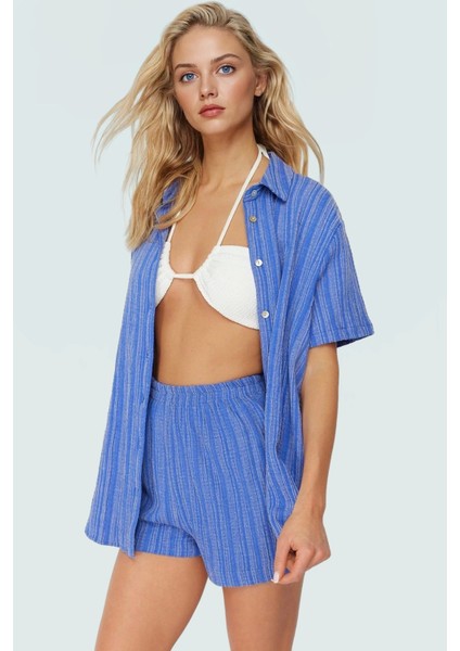 Kısa Kollu Oversize Keten Karışımlı Şort Takım Plaj ve Günlük Kullanım Için