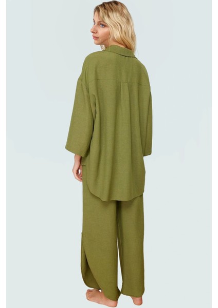 Rahat Oversize Pantolon Takım Keten Karışımlı Gömlek Yaka Plaj ve Günlük Yüksek Kalite modelleri