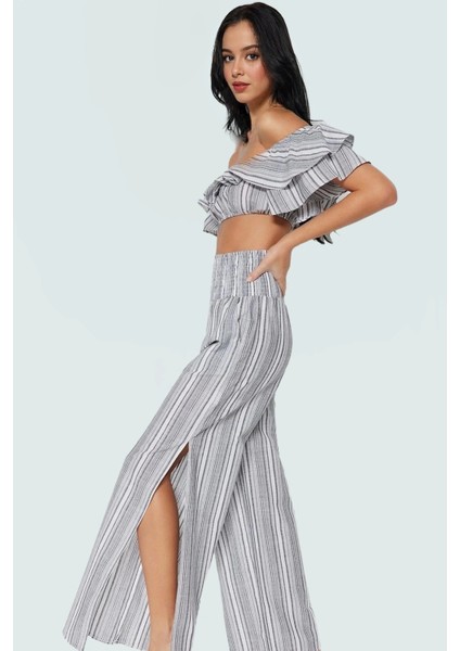 Rahat Kesim Çizgili Pamuklu Bluz Pantolon Takımı Yazın Şıklığı Konforlu Kullanım fiyatları