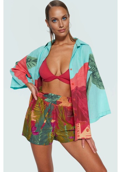 Yazlık Plaj Takımı Manzara Desenli Pamuklu Gömlek Şort Regular Kalıp Yüksek Kalite Premium