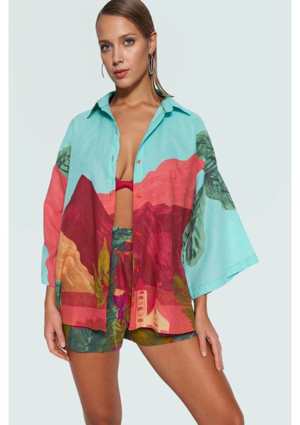 Yazlık Plaj Takımı Manzara Desenli Pamuklu Gömlek Şort Regular Kalıp Yüksek Kalite Premium fiyatları