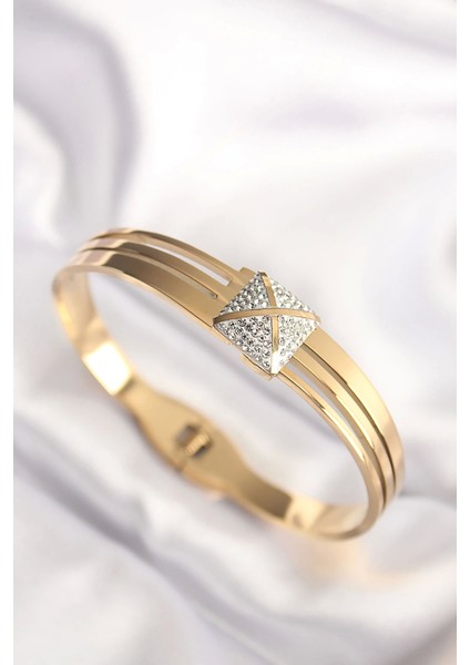 316L Çelik Zirkon Taşlı Gold Renk Kadın Kelepçe Bilezik - Modern Çözüm - Trend Ürün
