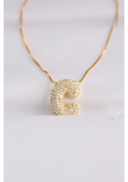 316L Çelik Zincirli Zirkon Taşlı C Harfli Gold Renk Bubble Kolye - Tarz Sahibi Seçim