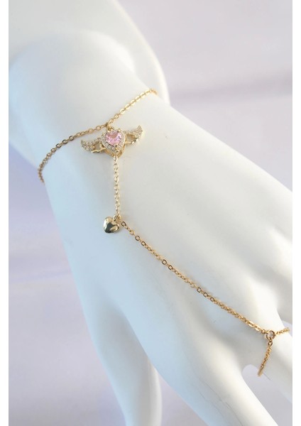 316L Çelik Gold Renk Pembe Zirkon Taşlı Kanatlı Kalp Model Şahmeran - Trend Ürün