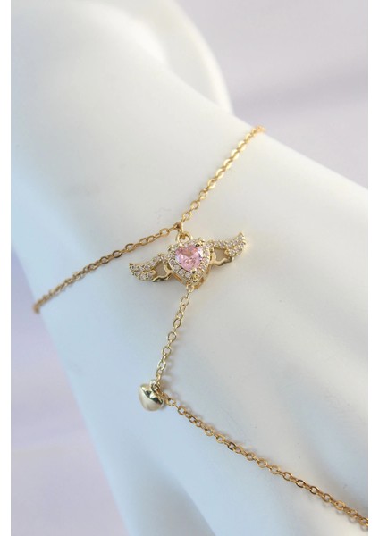 316L Çelik Gold Renk Pembe Zirkon Taşlı Kanatlı Kalp Model Şahmeran - Trend Ürün fiyatları