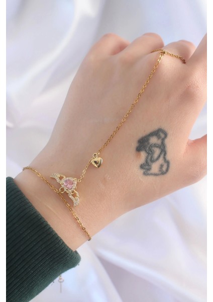 316L Çelik Gold Renk Pembe Zirkon Taşlı Kanatlı Kalp Model Şahmeran - Trend Ürün modelleri