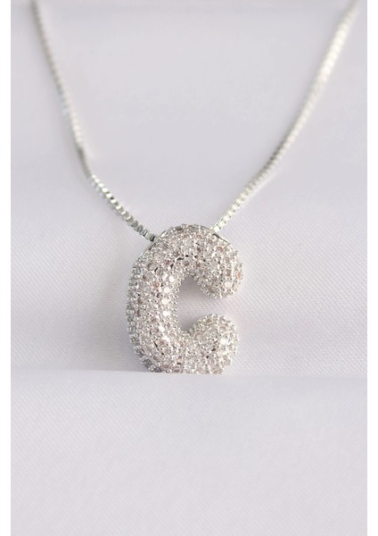 316L Çelik Zincirli Zirkon Taşlı C Harfli Silver Renk Bubble Kolye - Şık Tasarım