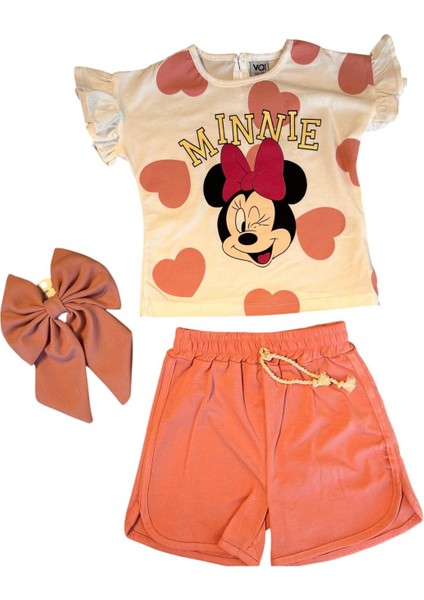 Kurdeleli Mini Desenli Şort Tişört 3'lü Takım