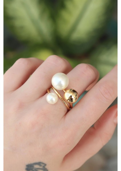 Pirinç Gold Renk Ayarlanabilir Inci Taşlı Yüzük - Modern Çözüm - Cool Stil