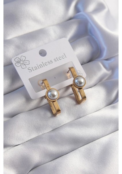 316L Çelik Gold Renk Inci Taşlı Dikdörtgen Model Küpe - Modern Çözüm - Tarz Sahibi Seçim