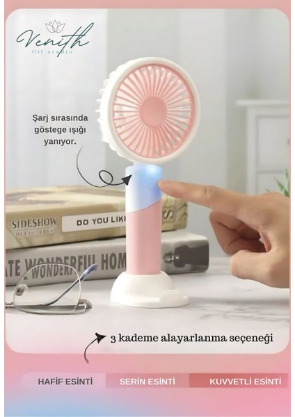 Taşınabilir Şarjlı Mini El Fan ve Vantilatör, USB Şarjlı Soğutucu, Pembe