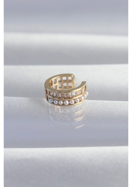 Pirinç Gold Renk Incili Baget Taşlı Earcuff Küpe - Şık Tasarım