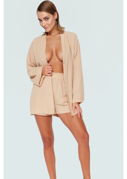 V Yaka Uzun Kollu Kimono Şort Takım Viskoz Polyester Yazlık Plaj Ömürlü Kaliteli Işçilik