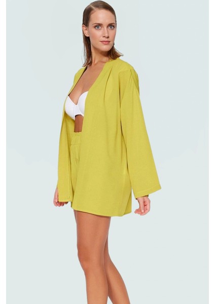 V Yaka Uzun Kollu Kimono Şort Takım Viskoz Polyester Yazlık Plaj Ömürlü Kaliteli Işçilik