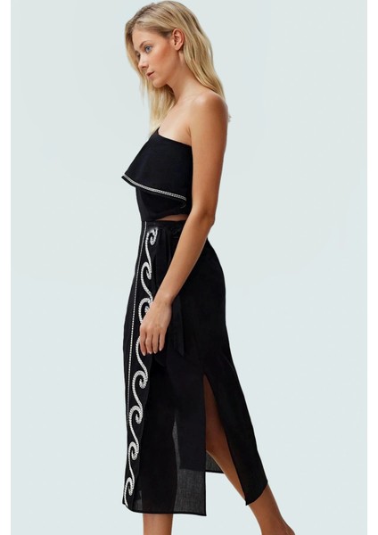 Pamuklu Leopar Desenli Plaj Takımı Asimetrik Yaka ve Uzun Etek Günlük Kullanım Için Özel Tasarım