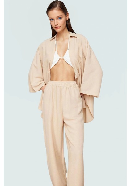 Plaj Için Ideal Keten Karışımlı Gömlek Pantolon Takım Oversize Nefes Alan Kumaş Mükemmel Uyum fiyatları