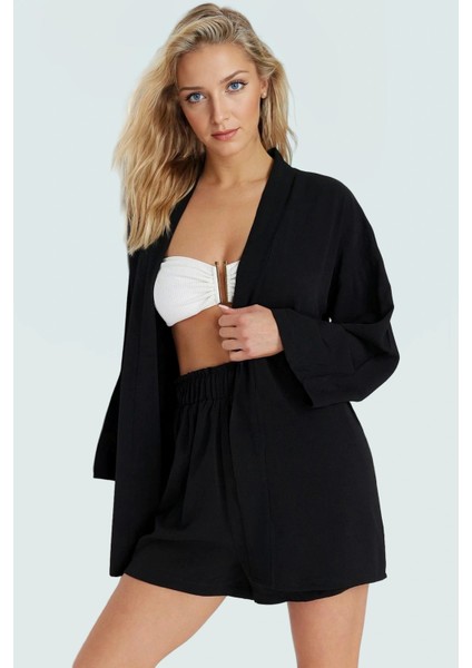V Yaka Uzun Kollu Kimono Şort Takım Viskoz Polyester Yazlık Plaj Ömürlü Kaliteli Işçilik