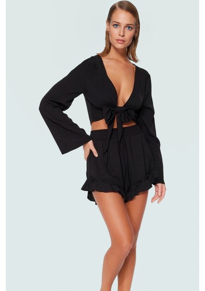 Feminen Fırfırlı Bluz Şort Takım Plaj Giyim Seçkin Malzeme Uzun Ömürlü Trend Tasarım