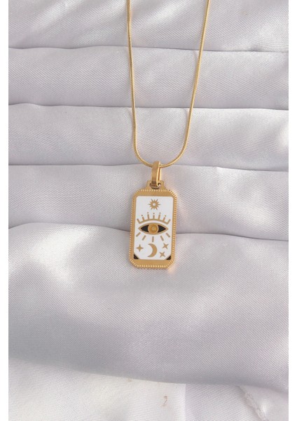 316L Çelik Gold Renk Beyaz Mineli Göz Figür Tarot Kolye - Trend Ürün