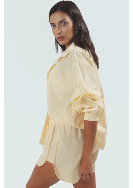 Yazlık Çizgili Dokuma Pamuklu Gömlek Şort Takım Fitted Kalıp Rahat ve Şık Uzun Ömürlü