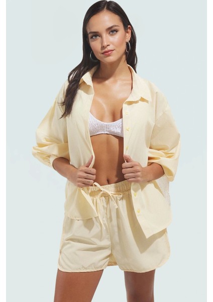 Yazlık Çizgili Dokuma Pamuklu Gömlek Şort Takım Fitted Kalıp Rahat ve Şık Uzun Ömürlü fiyatları