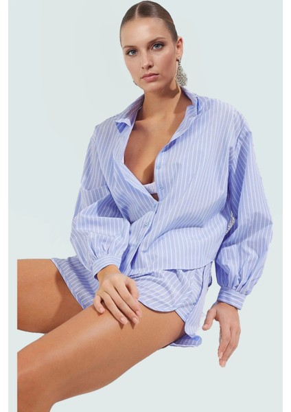 Yazlık Çizgili Dokuma Pamuklu Gömlek Şort Takım Fitted Kalıp Rahat ve Şık Uzun Ömürlü